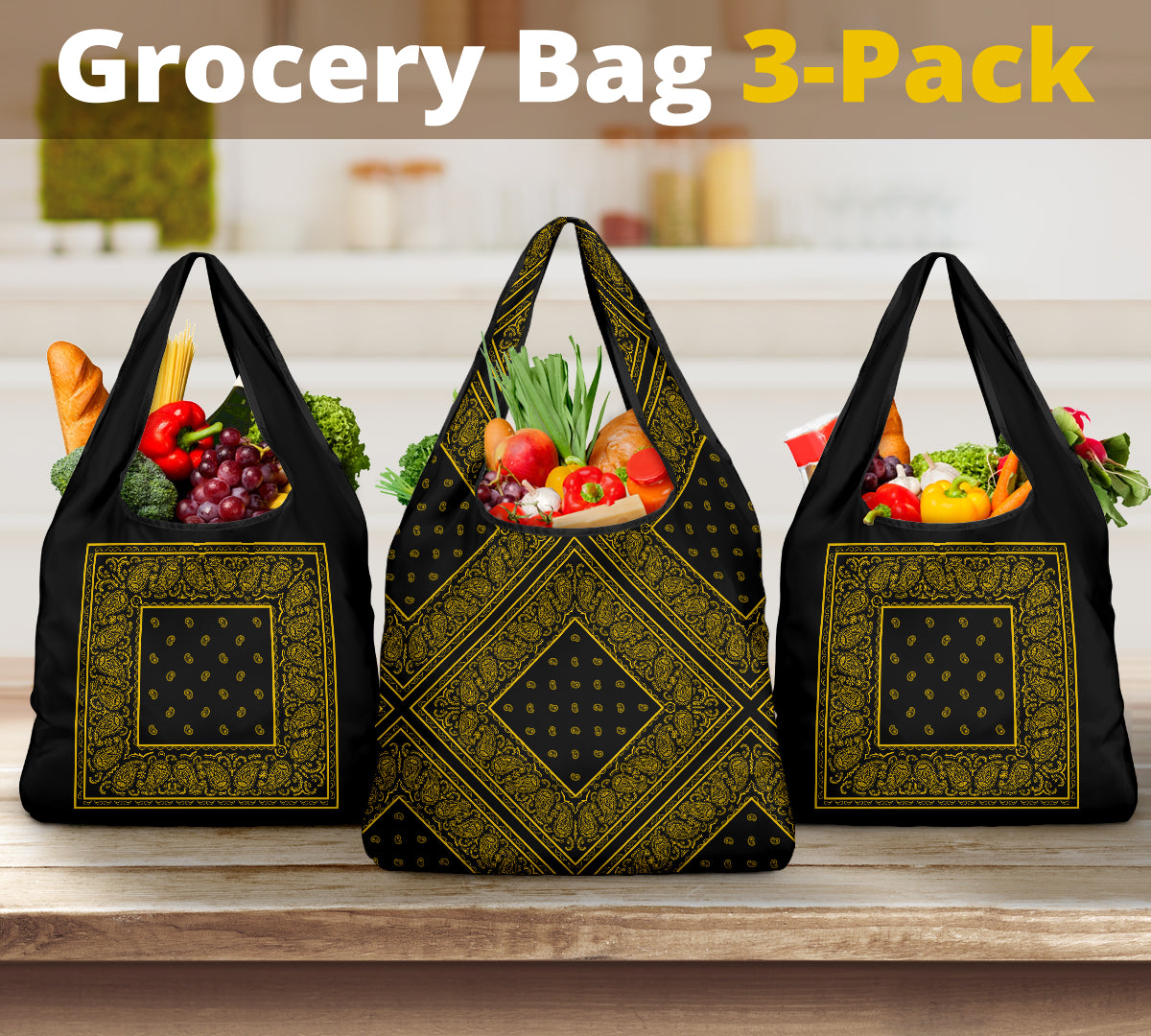 Black Gold Bandana Reusable Grocery Bag 3-Pack
