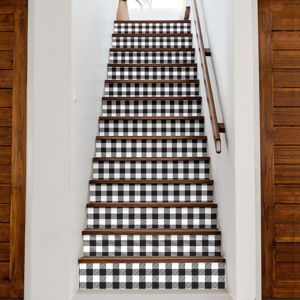Black and White Buffalo Plaid Print Stair Stickers (Set of 13)