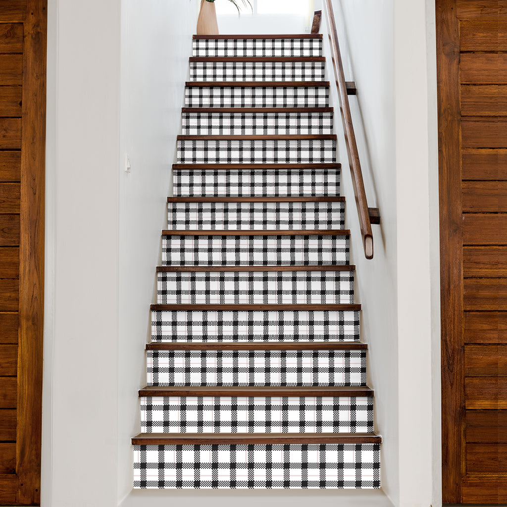 Black and White Buffalo Plaid Print Stair Stickers (Set of 13)