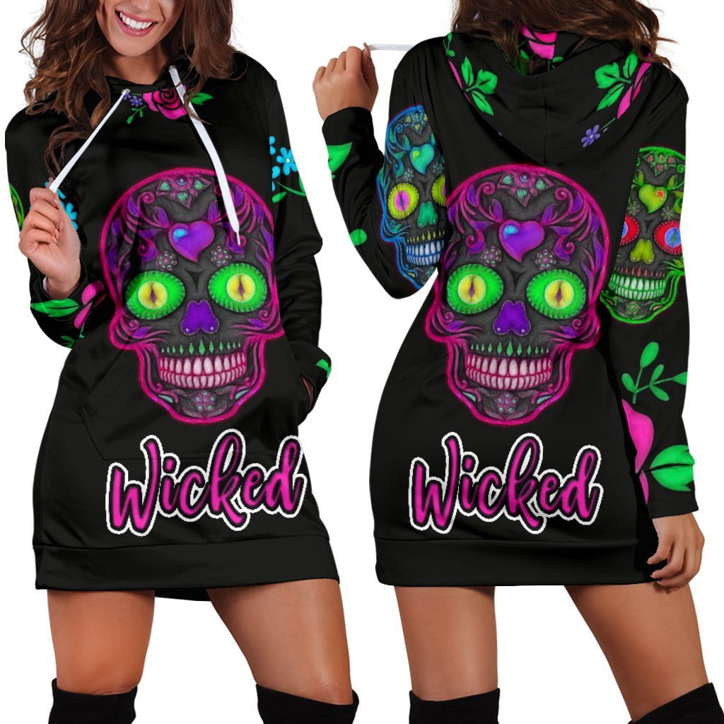 Wicked Skulls Hoodie Dress with Roses and Sugar Skull Art