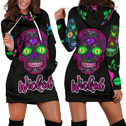 Wicked Skulls Hoodie Dress with Roses and Sugar Skull Art