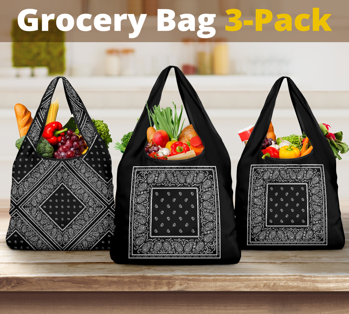Black Bandana Reusable Grocery Bag 3-Pack