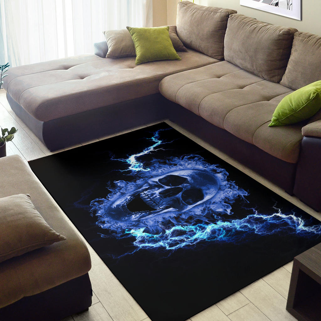 Blue Flaming Skull Area Rug