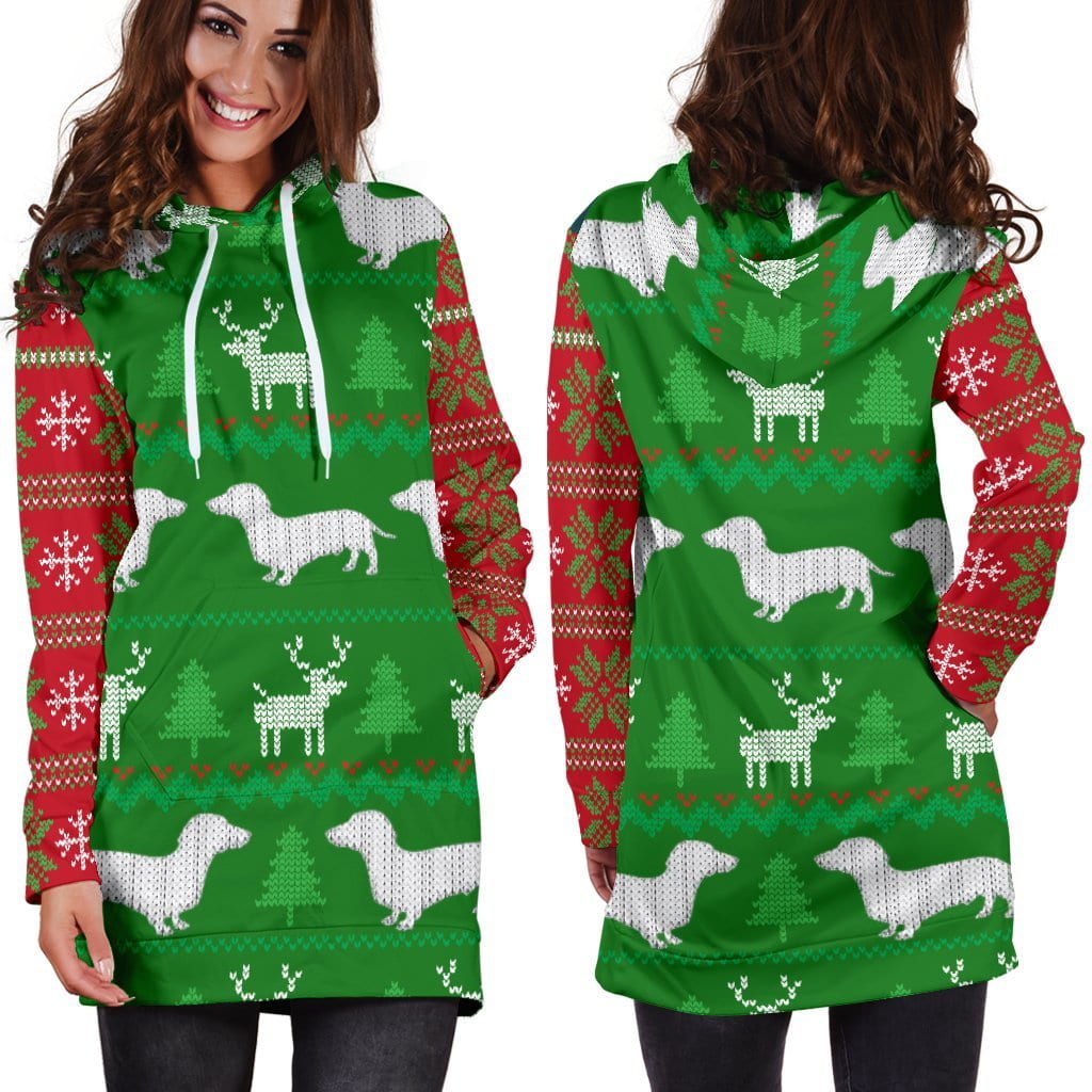 Ugly Christmas Sweater Hoodie Dress With Dachshunds