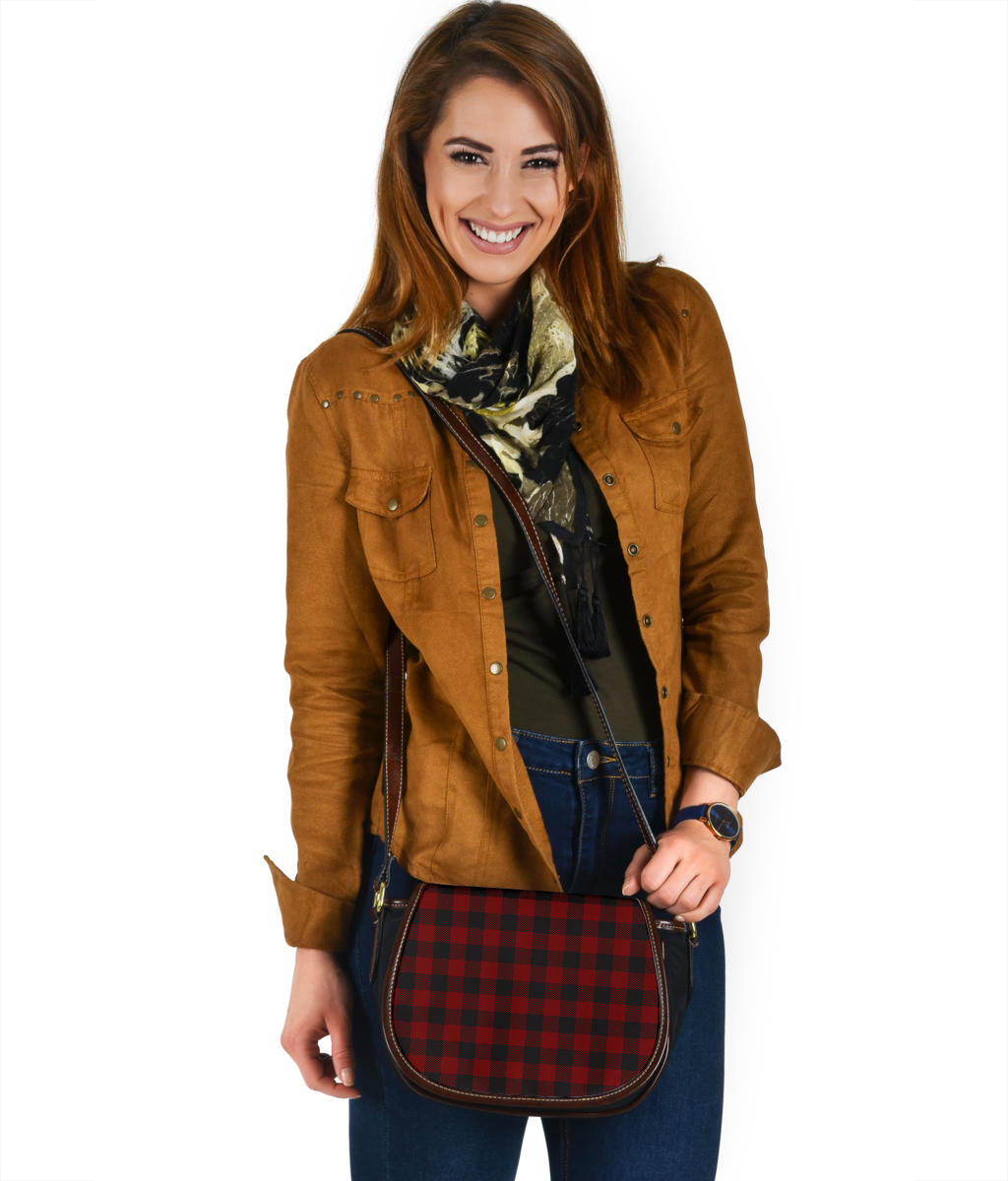 Black and White Buffalo Plaid Print Black Canvas Leather Trim Saddle Bag