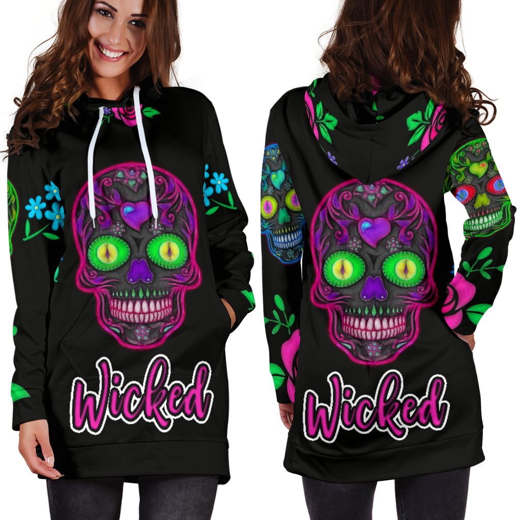 Wicked Skulls Hoodie Dress with Roses and Sugar Skull Art