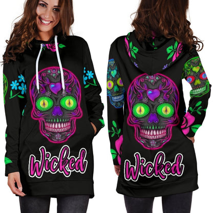 Wicked Skulls Hoodie Dress with Roses and Sugar Skull Art