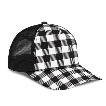 Black and White Buffalo Plaid Print Mesh Back Cap