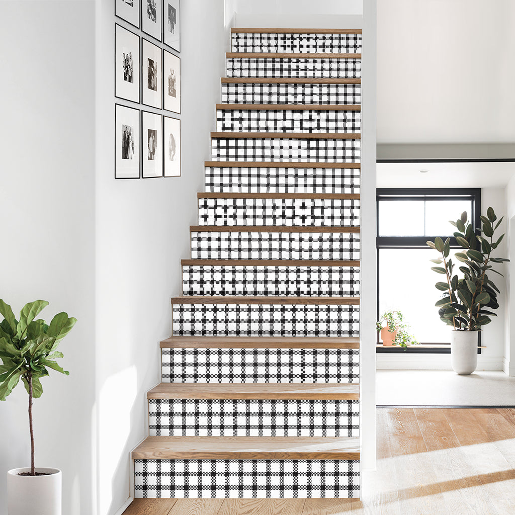 Black and White Buffalo Plaid Print Stair Stickers (Set of 13)
