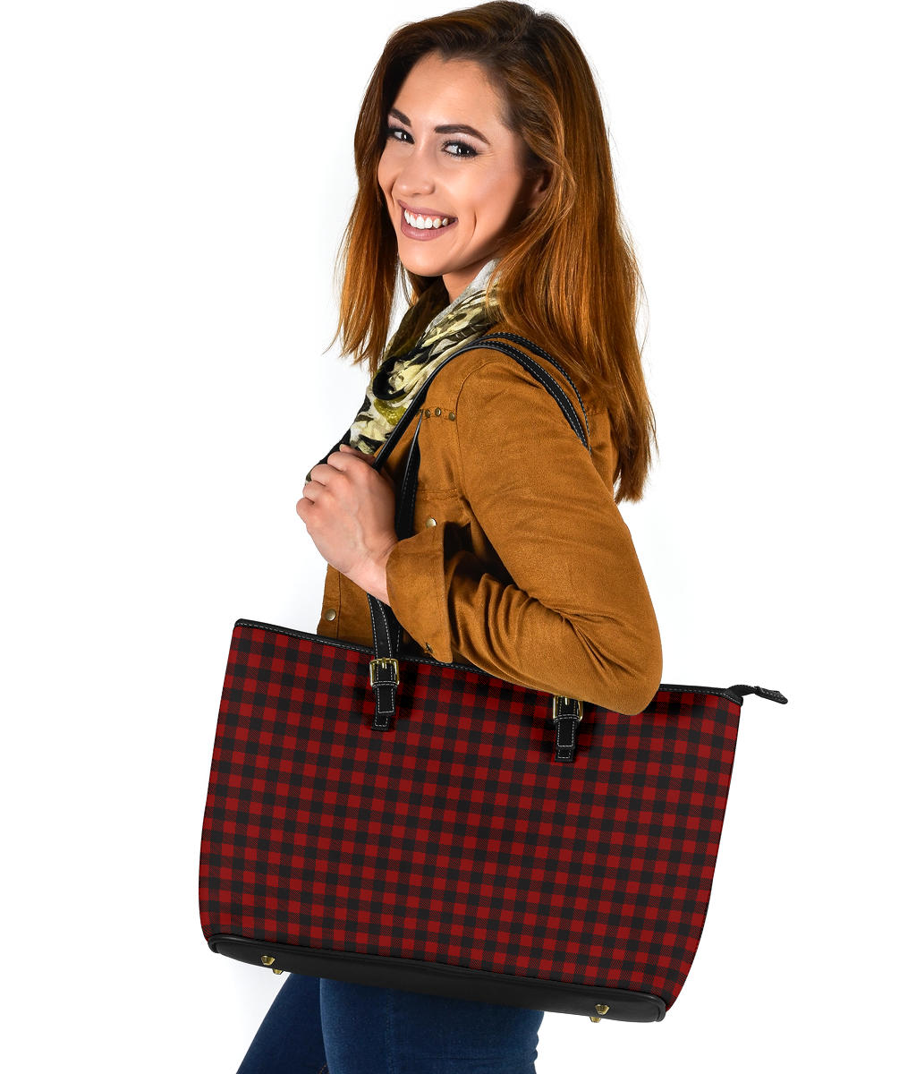 Black and White Buffalo Plaid Printed Large Leather Tote Bag