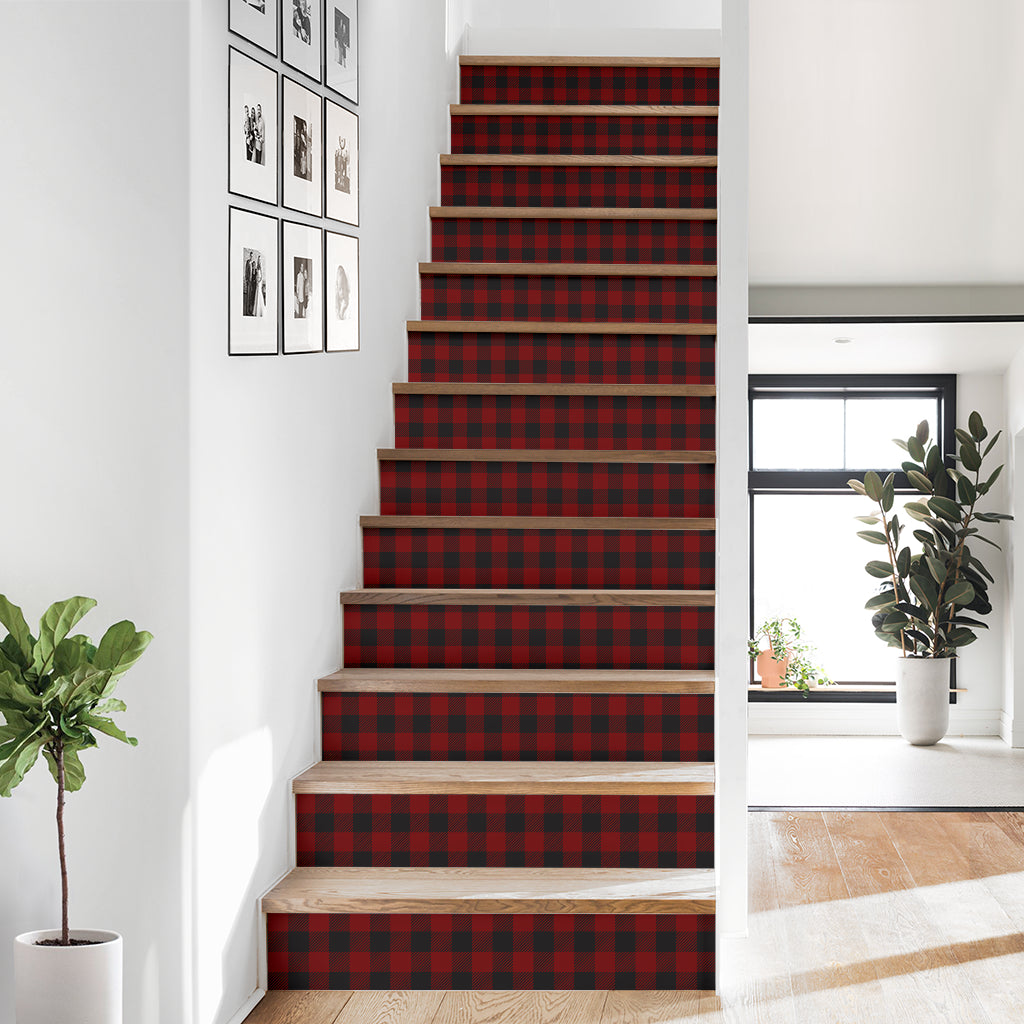 Black and White Buffalo Plaid Print Stair Stickers (Set of 13)