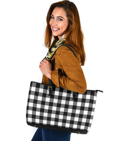 Black and White Buffalo Plaid Printed Large Leather Tote Bag