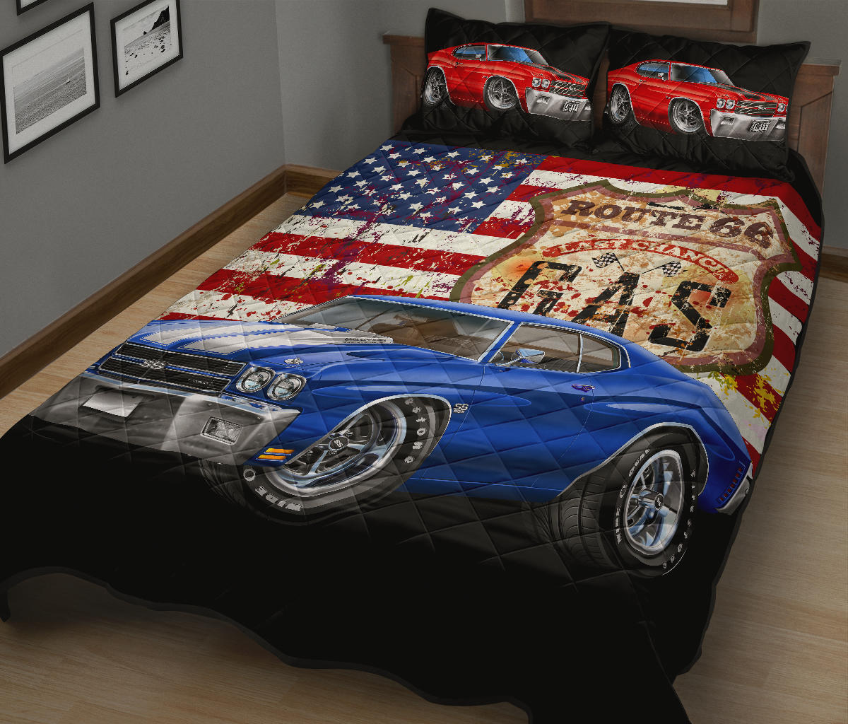 1970 Chevelle Route 66 American Flag Quilt Set