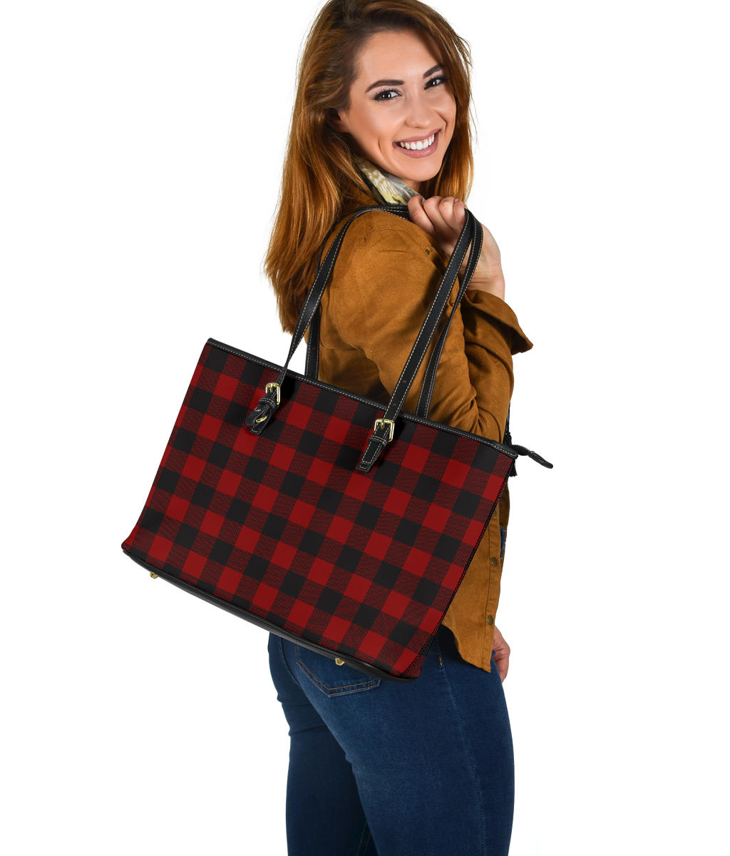 Black and White Buffalo Plaid Printed Large Leather Tote Bag