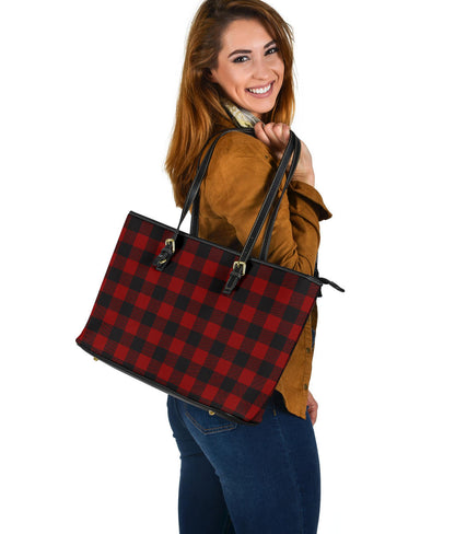 Black and White Buffalo Plaid Printed Large Leather Tote Bag