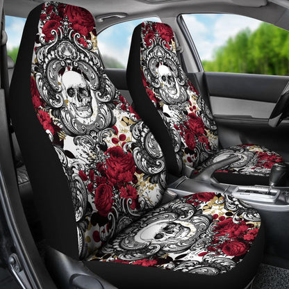 Gothic Skull and Red Roses Universal Bucket Car Seat Covers