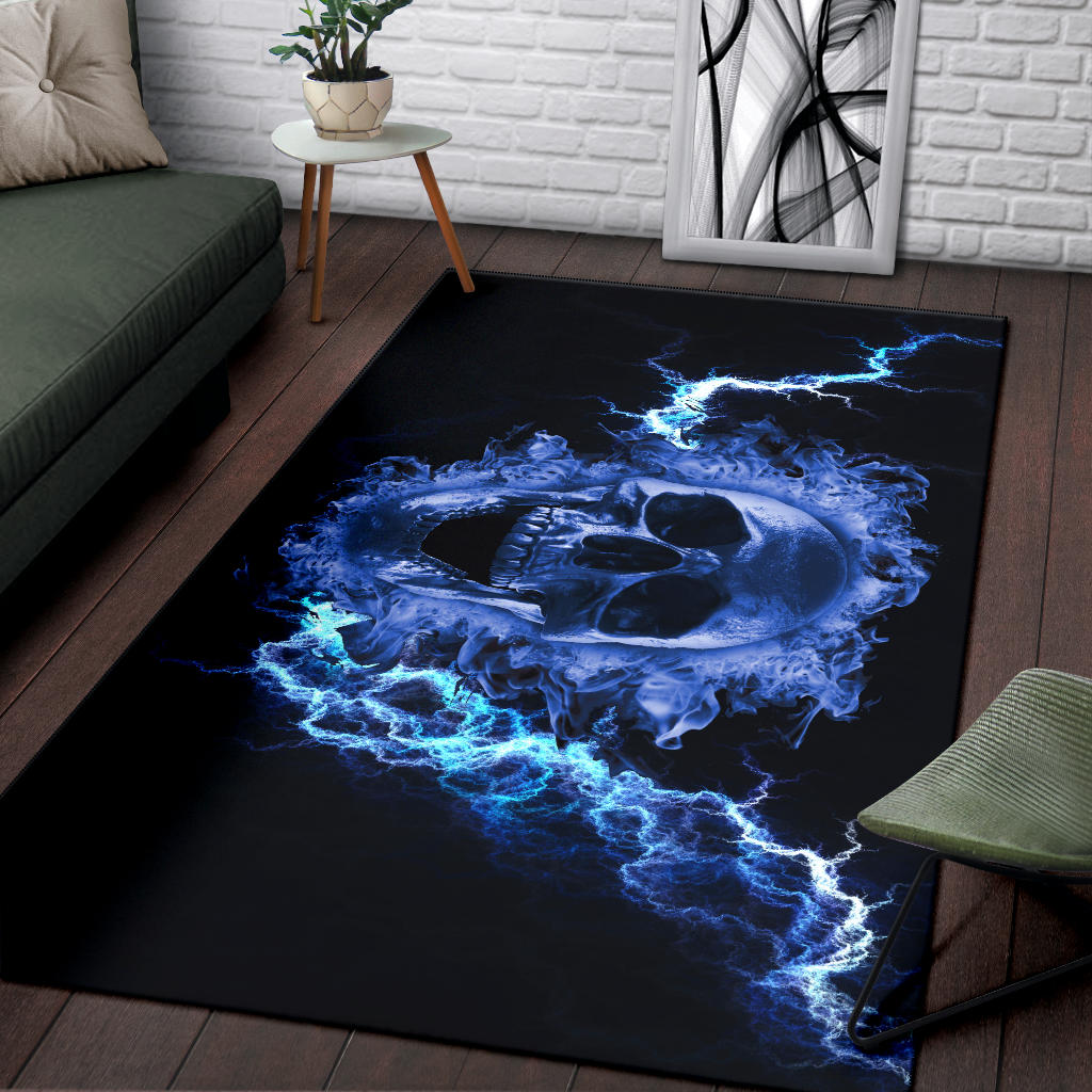 Blue Flaming Skull Area Rug