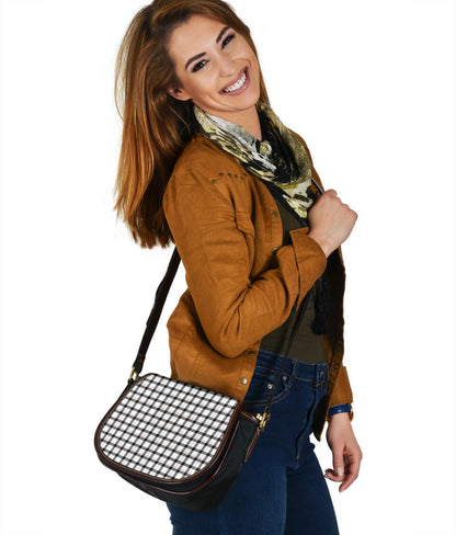 Black and White Buffalo Plaid Print Black Canvas Leather Trim Saddle Bag