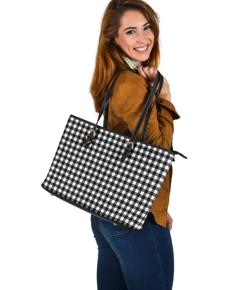 Black and White Buffalo Plaid Printed Large Leather Tote Bag