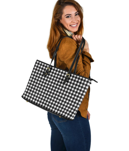 Black and White Buffalo Plaid Printed Large Leather Tote Bag