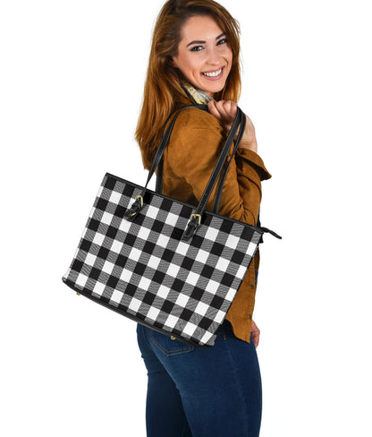 Black and White Buffalo Plaid Printed Large Leather Tote Bag