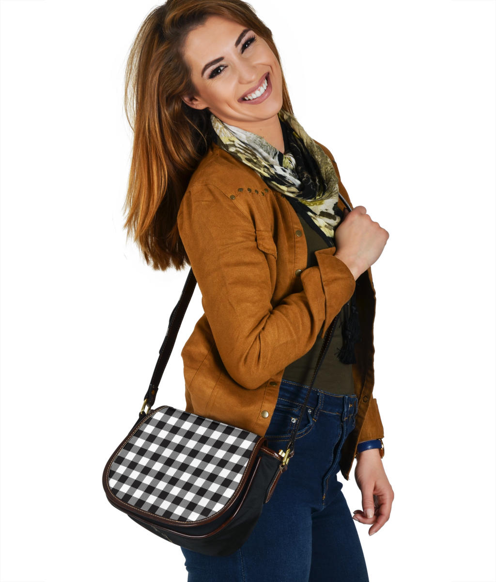 Black and White Buffalo Plaid Print Black Canvas Leather Trim Saddle Bag