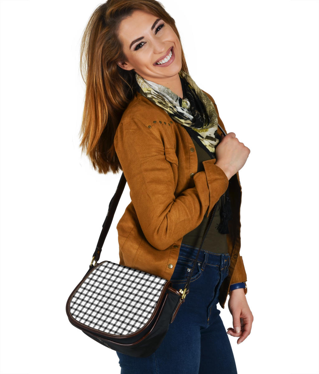 Black and White Buffalo Plaid Print Black Canvas Leather Trim Saddle Bag