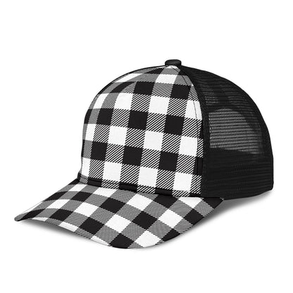 Black and White Buffalo Plaid Print Mesh Back Cap
