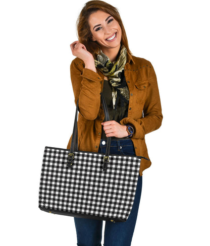 Black and White Buffalo Plaid Printed Large Leather Tote Bag