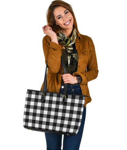 Black and White Buffalo Plaid Printed Large Leather Tote Bag