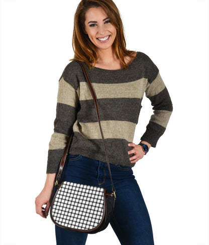 Black and White Buffalo Plaid Print Black Canvas Leather Trim Saddle Bag