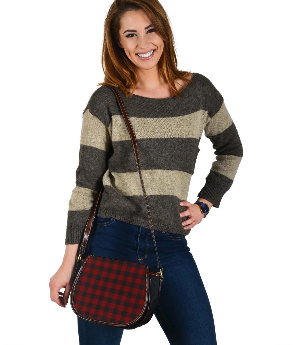 Black and White Buffalo Plaid Print Black Canvas Leather Trim Saddle Bag