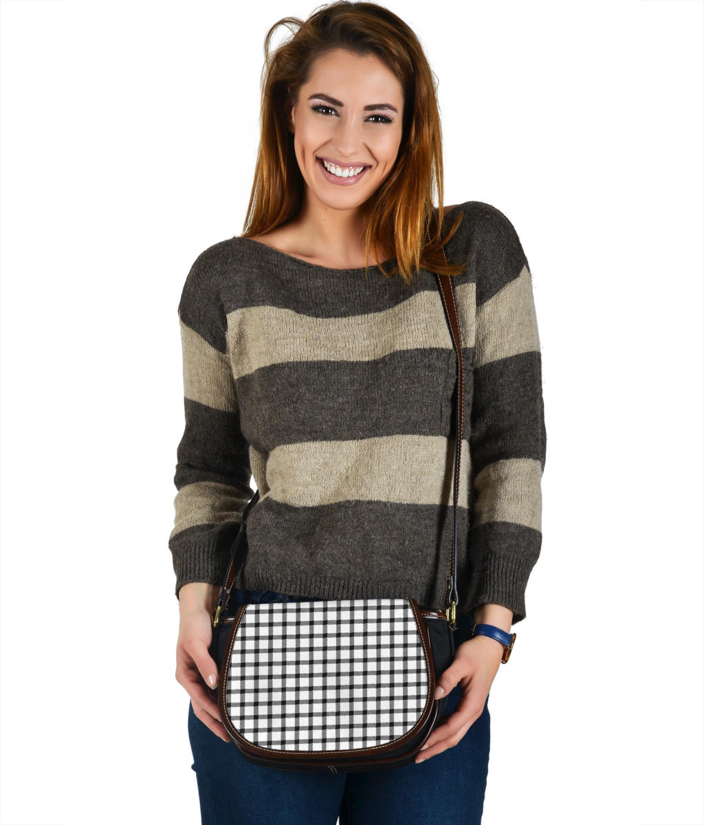 Black and White Buffalo Plaid Print Black Canvas Leather Trim Saddle Bag