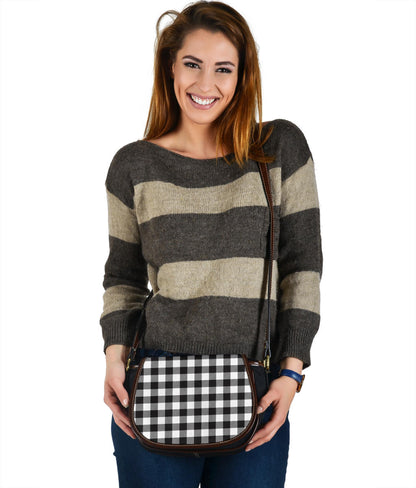 Black and White Buffalo Plaid Print Black Canvas Leather Trim Saddle Bag