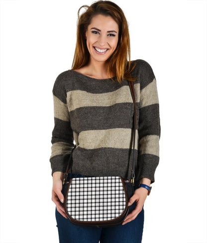 Black and White Buffalo Plaid Print Black Canvas Leather Trim Saddle Bag