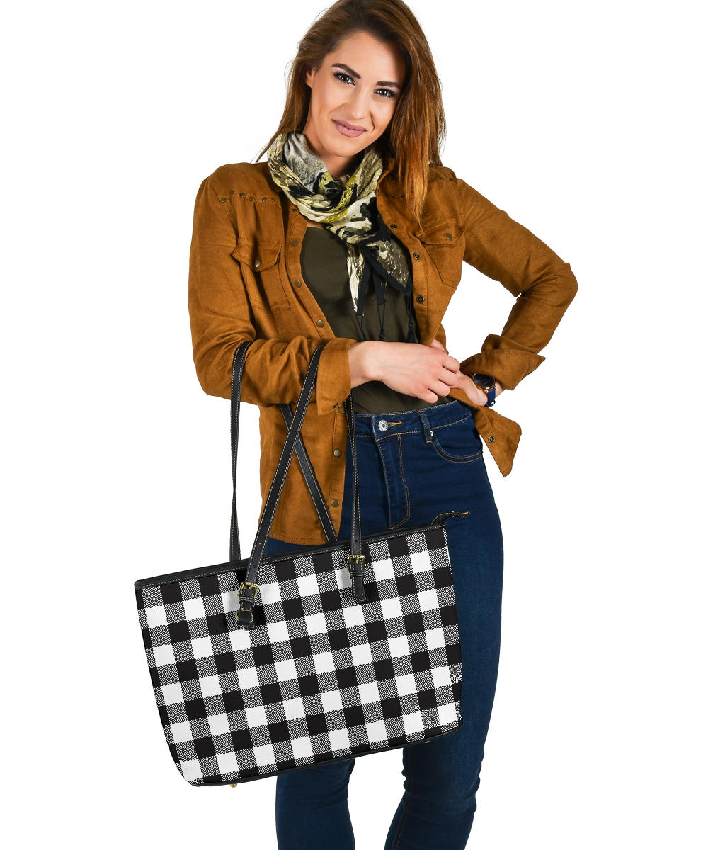 Black and White Buffalo Plaid Printed Large Leather Tote Bag