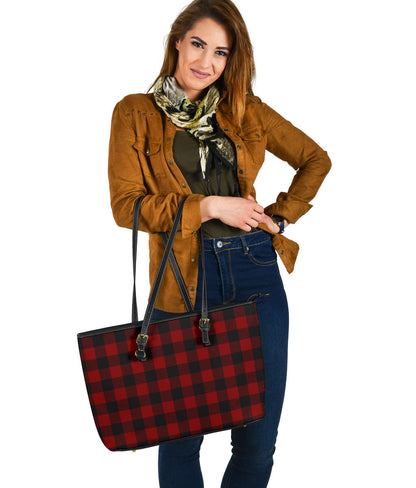 Black and White Buffalo Plaid Printed Large Leather Tote Bag