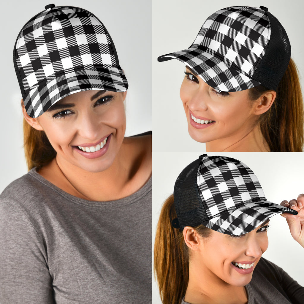 Black and White Buffalo Plaid Print Mesh Back Cap