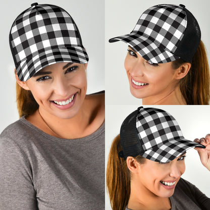 Black and White Buffalo Plaid Print Mesh Back Cap