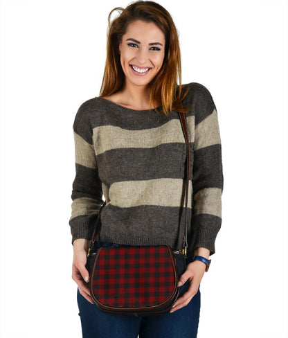 Black and White Buffalo Plaid Print Black Canvas Leather Trim Saddle Bag