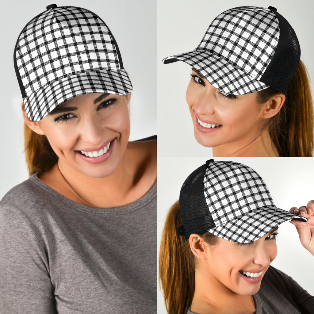 Black and White Buffalo Plaid Print Mesh Back Cap