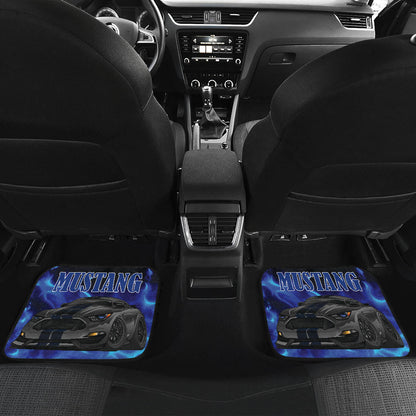 Black Mustang Blue Flames Front and Rear Car Floor Mats Set of 4 Pcs
