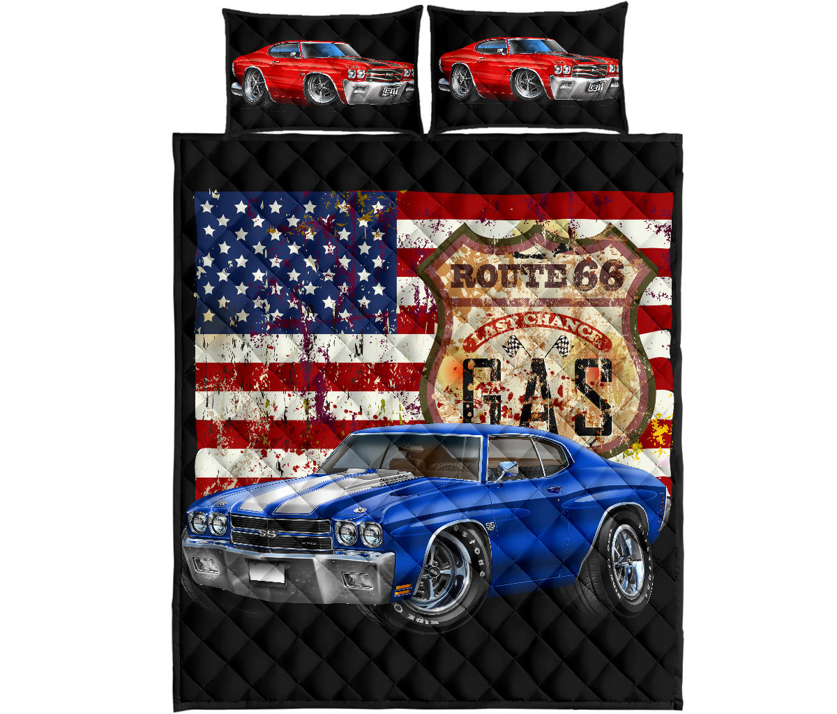 1970 Chevelle Route 66 American Flag Quilt Set