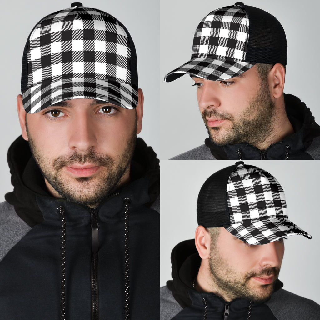 Black and White Buffalo Plaid Print Mesh Back Cap