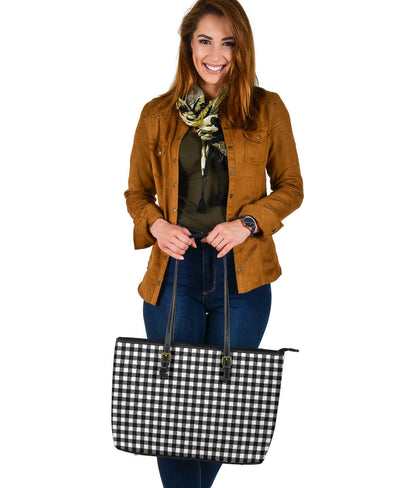 Black and White Buffalo Plaid Printed Large Leather Tote Bag