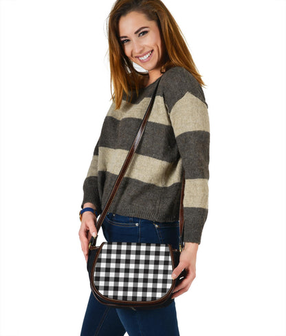 Black and White Buffalo Plaid Print Black Canvas Leather Trim Saddle Bag