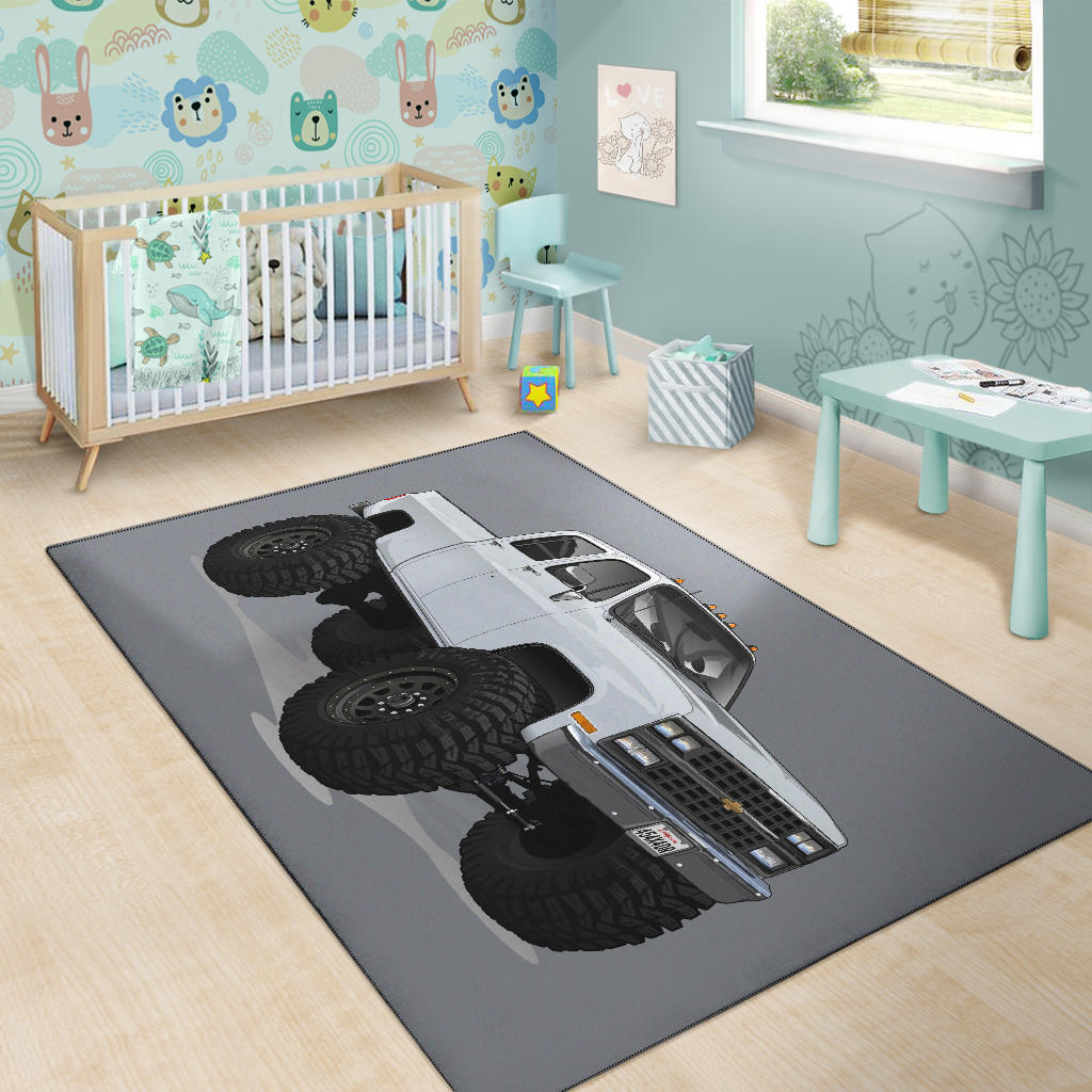 White 4x4 Crew Cab Pickup Truck Car Art Area Rug