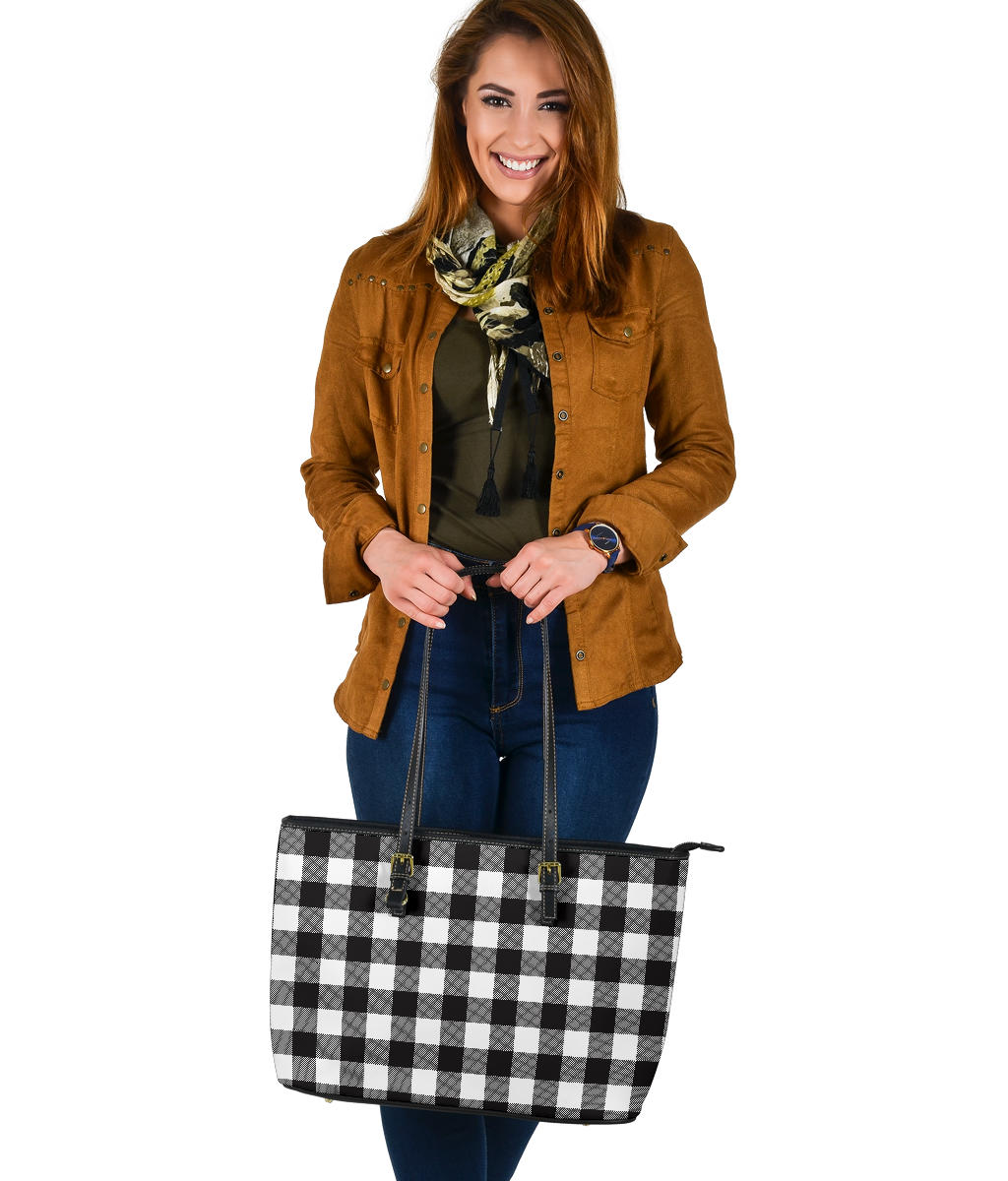 Black and White Buffalo Plaid Printed Large Leather Tote Bag