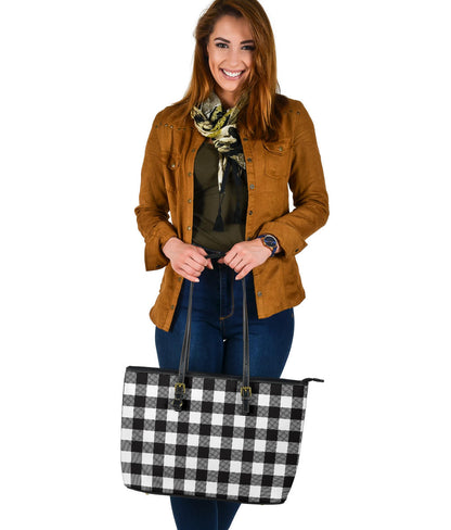 Black and White Buffalo Plaid Printed Large Leather Tote Bag