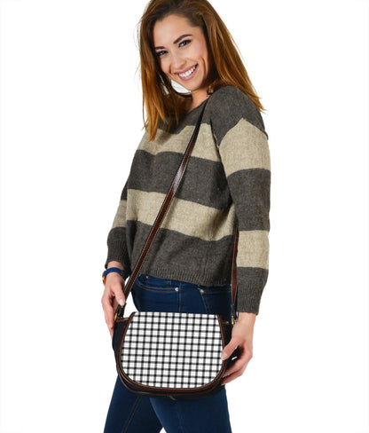 Black and White Buffalo Plaid Print Black Canvas Leather Trim Saddle Bag